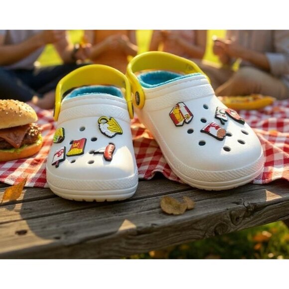 Crocs Jibbitz-Embellished Clogs With Yellow Strap & Blue Lining Size: M4/W6 - Picture 1 of 9